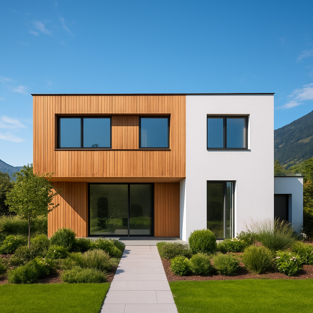Façade de maison contemporaine avec jardin