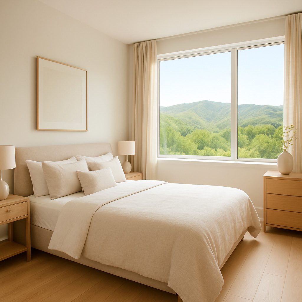Chambre lumineuse avec vue sur les collines