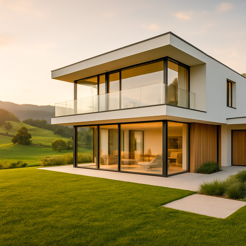 Maison contemporaine lumineuse dans un paysage régional verdoyant